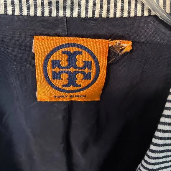 Tory Burch Women's Blue White Striped Blazer XL - Picture 4 of 9